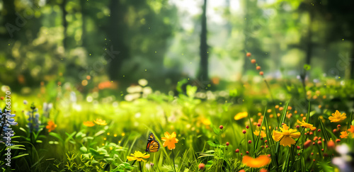 Monarch butterfly perched on vibrant wildflowers in a lush green forest. Sunlight filters through the trees, creating a magical atmosphere. Bright summer background.