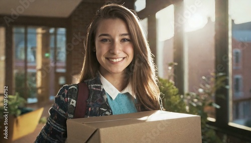  Smiling College Girl Moving Into Dorm carrying a Box 