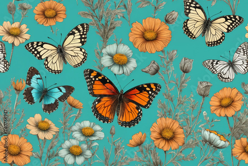 Hand drawn blooming flowers and butterflies on turquoise background. Black and white wildflowers and insects. Generative Ai