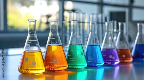 laboratory test tubes with liquid, Chemical laboratory glassware with various colored liquids on table