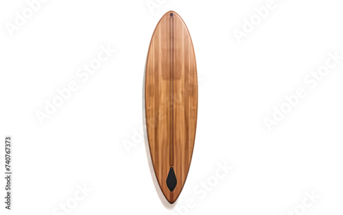 Wooden Surfboard Hanging on Wall. A wooden surfboard made of solid timber is securely hung on a wall, serving as a unique and decorative piece of art. on White or PNG Transparent Background.