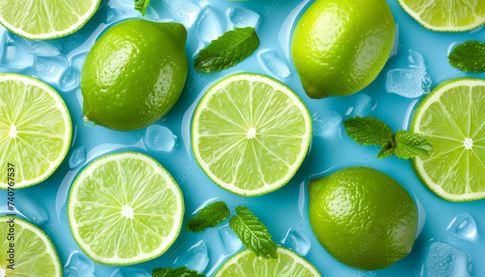 Top view of fresh limes covered in water   close up healthy vegetables background
