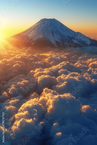Majestic Mountain Peak Above Clouds at Sunset