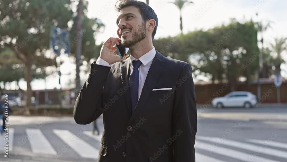 Handsome young hispanic man in a suit talking on a phone on a city street. Handsome young hispanic man in a suit talking on a phone on a city street.