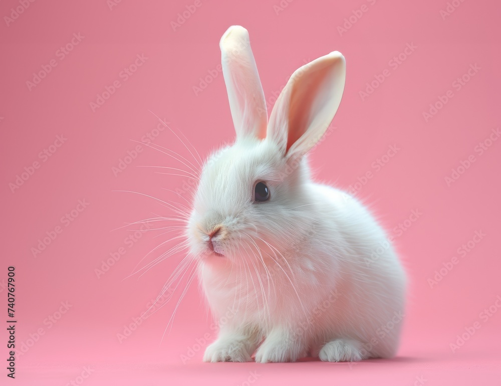 Easter bunny, cute white color rabbit on pastel pink background
