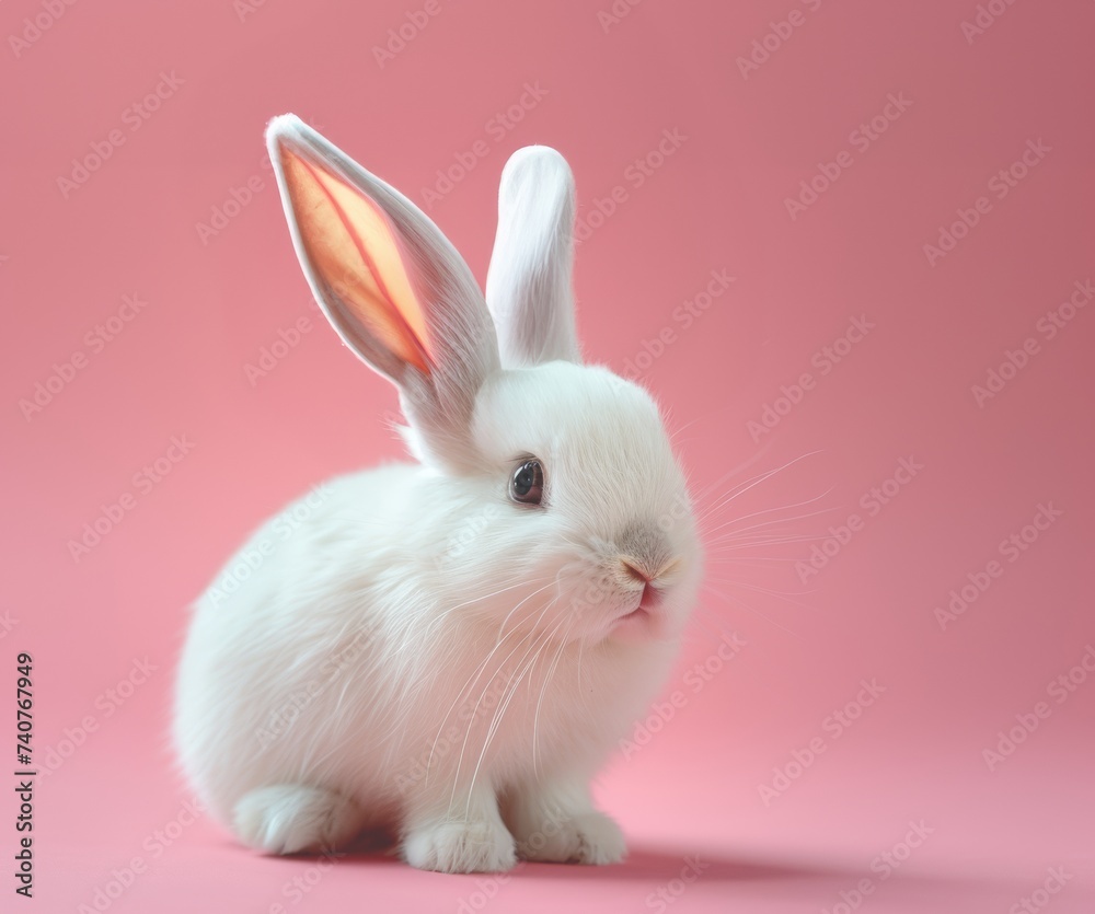 Fototapeta premium Easter bunny, cute white color rabbit on pastel pink background