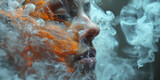 close-up of a woman's face on an abstract background of smoke