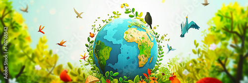 Illustration of a bird flying around a sphere of pretty flowers and lush green earth. © Doraway