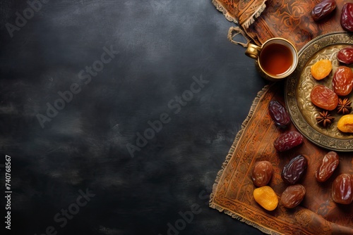 up of tea with dried fruits on the table. Ramadan kareem decorations background. Top view, flat lay moslem islam iftar braking fast concept, copy space - generative ai
