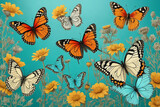 Hand drawn blooming flowers and butterflies on turquoise background. Black and white wildflowers and insects. Generative Ai