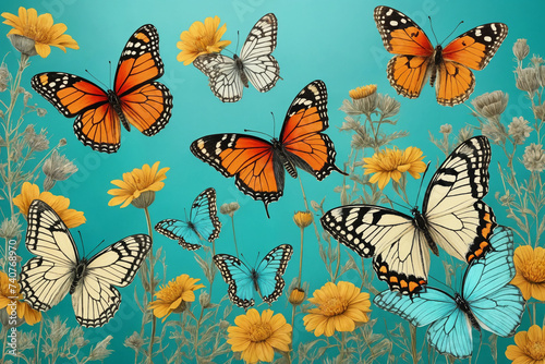 Hand drawn blooming flowers and butterflies on turquoise background. Black and white wildflowers and insects. Generative Ai