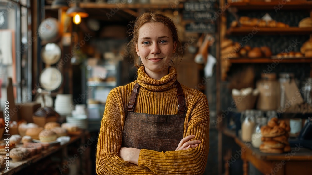 Fototapeta premium Confident bakery owner surrounded by baked goods in cozy shop, exuding success and warmth.