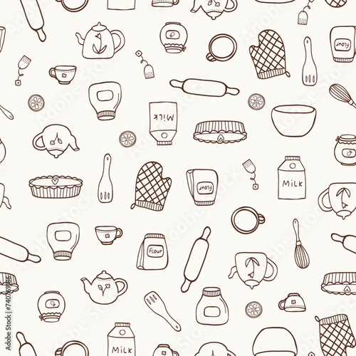 Cute seamless pattern with cozy items pie, teapot, jam. For home and kitchen textile, decoration, towel print, cover of cooking book, packaging design, template labels, gift and wrapping paper.