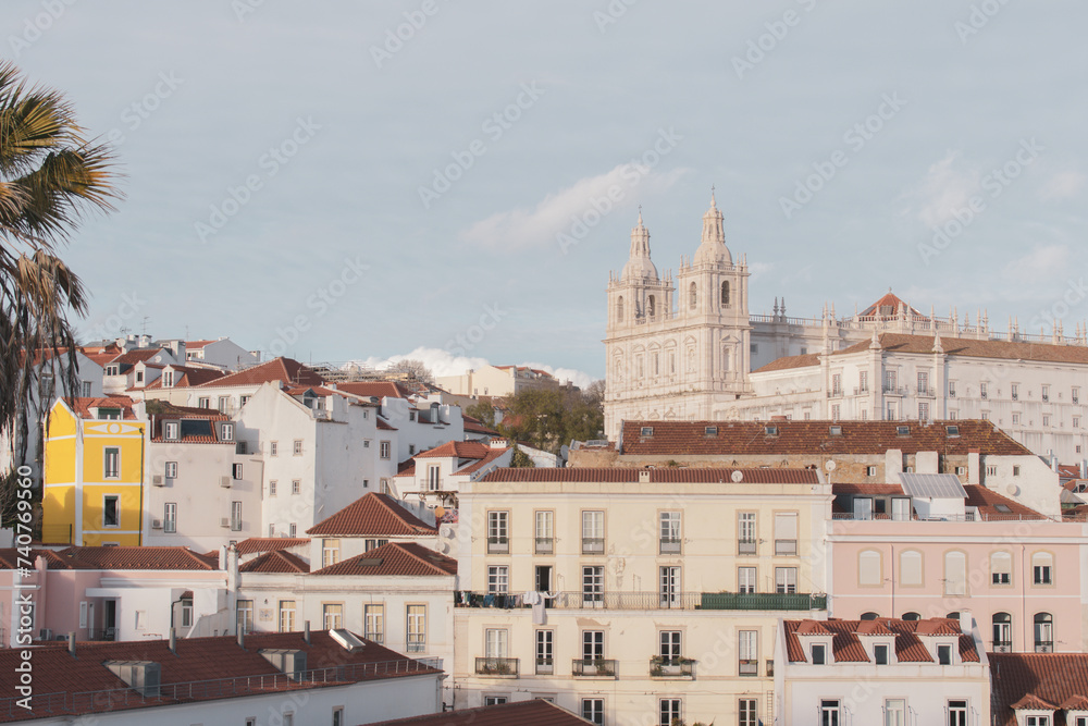 View of Alfama district with Monastery of São Vicente de Fora from Santa Luzia Viewpoint at Lisbon, Portugal. Jewish neighborhood in Lisbon.
