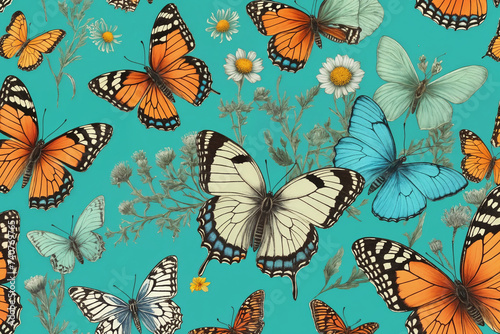 Hand drawn blooming flowers and butterflies on turquoise background. Black and white wildflowers and insects. Generative Ai © SOLOTU