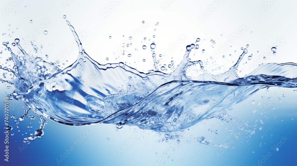 Dynamic abstract blue water wave with splashing drops and refreshing white space background
