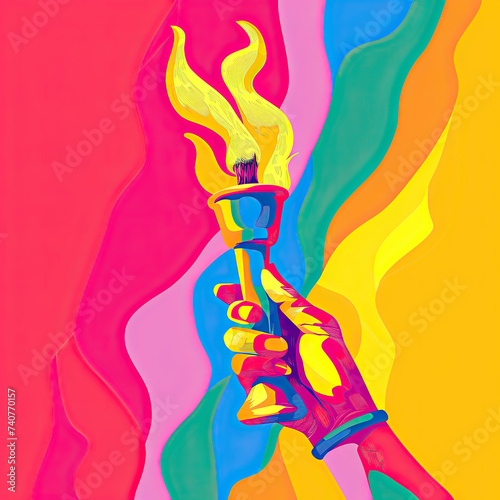 An illustration of a hand holding the Olympic Torch. A bright colorful symbol of the Olympic Games
