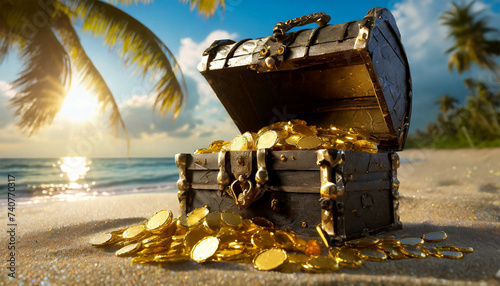 Close-up of an opened pirate treasure chest full of gold coins on a sandy beach of a tropical island. Generative Ai. photo