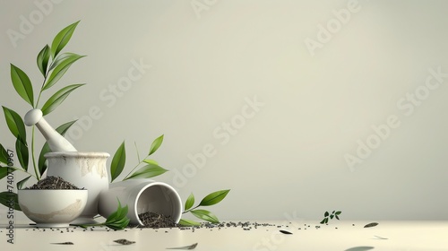 A background with 3D illustration of herbs, mortar and pestle, and tea leaves. with text space