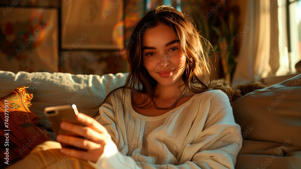 Obraz premium a young woman sitting in her living room on a cozy couch with her smartphone in her hands