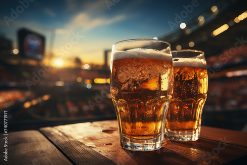 Two glasses of beer placed on top of a rustic wooden table at stadium photo