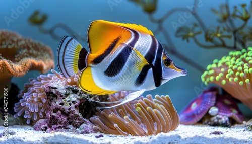 Vibrant foxface fish swimming amidst colorful corals in a saltwater aquarium environment photo