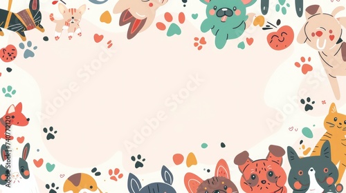 A background with cute illustrations of dogs, cats, and pet accessories. The text space can be in the shape of a paw print