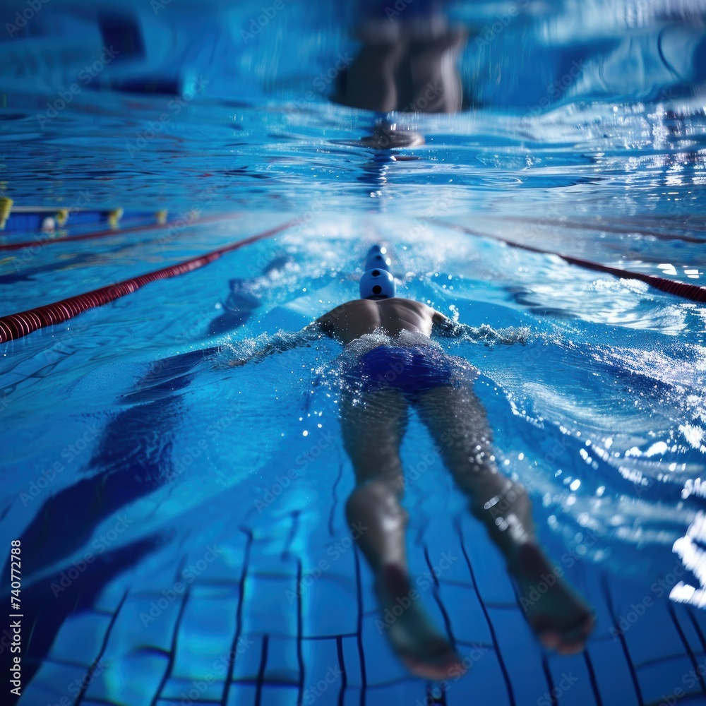 Professional swimming athletes compete in the water of a diving pool to win the championship. Concept of sport, health, activity, lifestyle, fitness, diet, success. Generative Ai