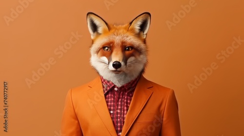 Anthropomorphic fox in business suit at corporate workplace, studio shot with space for text.