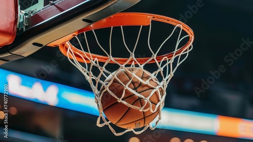 Dynamic close up of basketball mid air dunk, illustrating player s athleticism and power © Andrei
