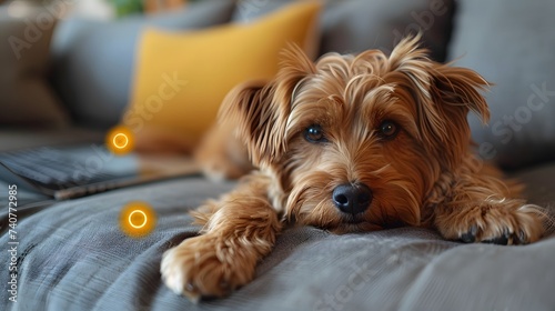 Adorable Yorkshire Terrier Lounging on a Grey Sofa with a Cozy Home Atmosphere photo