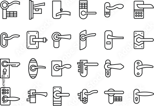 Set of Door handles icons. Trendy Linear styles signs from hotel and restaurant for mobile concept and web designs. Safety signs. door knobs symbols illustration isolated on transparent background.