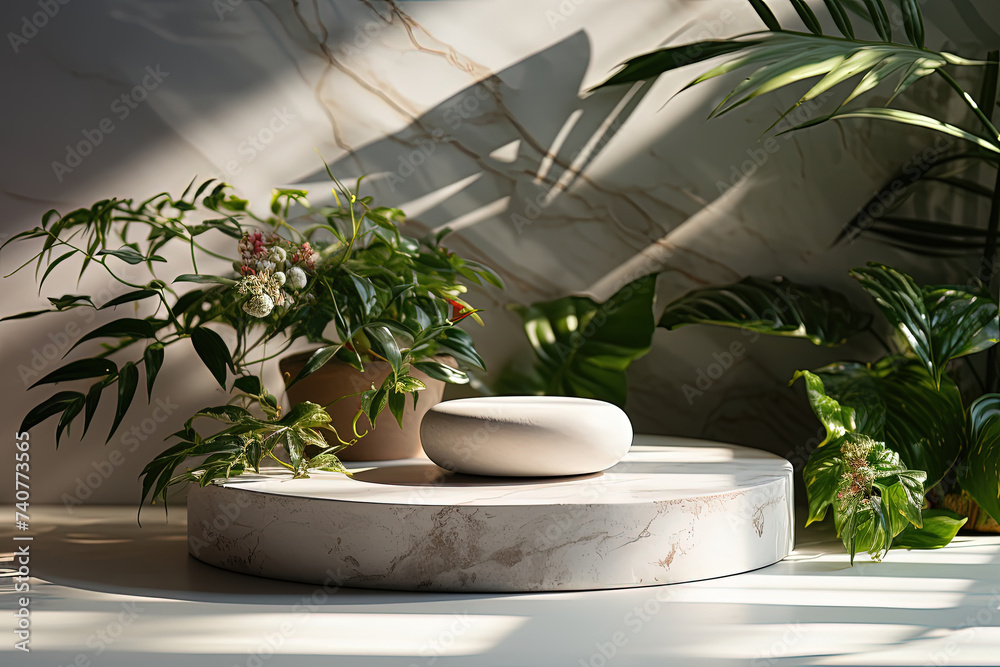 White marble table stands in the center, surrounded by various potted plants of different sizes and types