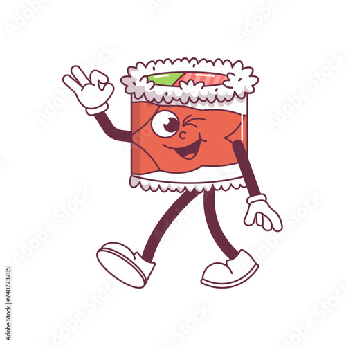 Vintage Japanese food character Sushi, Roll groovy style. design sticker seafood for bar, restaurant. Retro vector illustration.