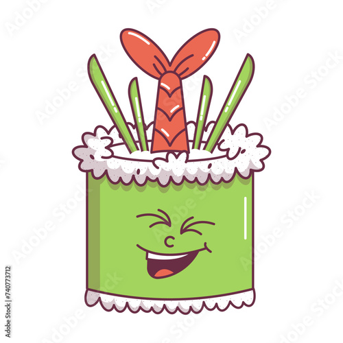 Vintage Japanese food character Sushi, Roll groovy style. design sticker seafood for bar, restaurant. Retro vector illustration.