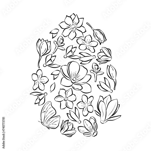  Happy easter eggs doodle hand-drawn coloring book page antistress with a flower pattern. Vector underline  isolated sketch for adults and children. 