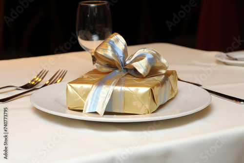 White plate holding a neatly wrapped present, creating a simple and elegant aesthetic