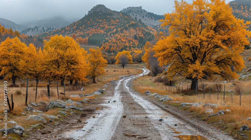 Obraz premium Colorful trees and footpath road in autumn landscape in deep forest. The autumn colors in the forest create a magnificent view. autumn view in nature.