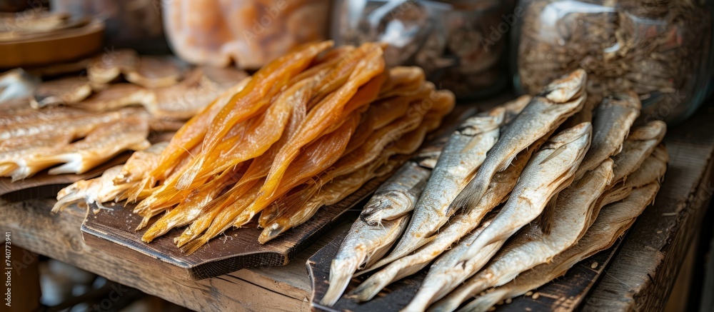 A Variety of Dried Fish Displayed on a Wooden Table for Sale and Cooking Preparation