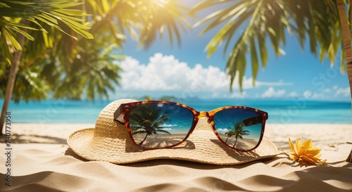 Straw hat and sunglasses on beach Sunny Tropical Beach With Palm Leaves