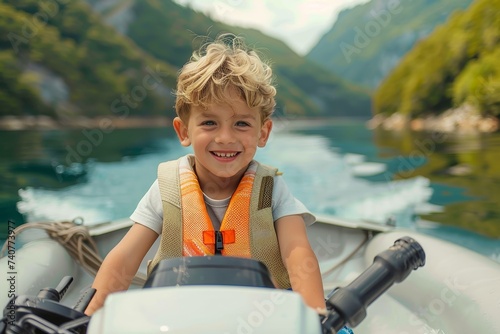 A young boy sits in a boat  his smile reflecting the bright summer sky  as he and his family enjoy a peaceful lake vacation surrounded by majestic mountains