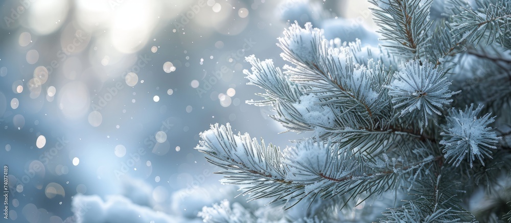 Close up of a majestic pine tree covered in pristine snow in winter forest Close up of a majestic pine tree covered in pristine snow in winter forest