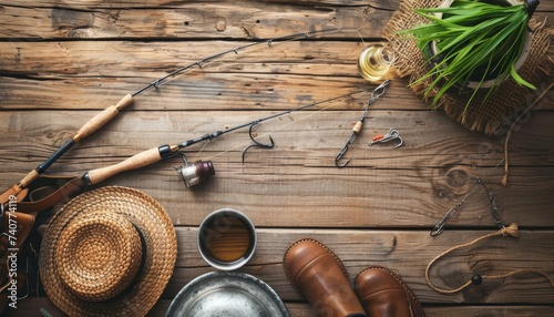Fishing gear set with hooks, rod, lines, baits, and shoes on wooden background with text space photo