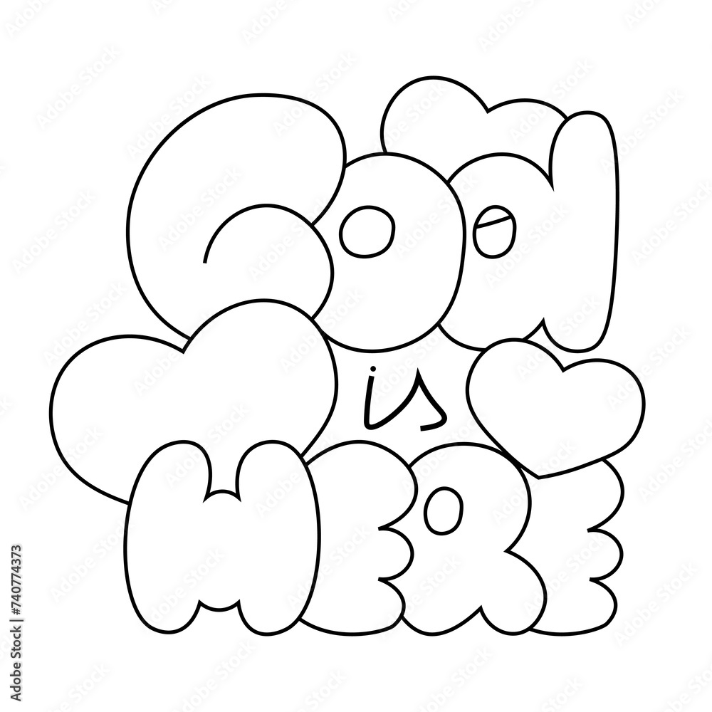 Cartoon bubble Lettering of the phrase God is Here in black and white Cartoon bubble Lettering of the phrase God is Here in black and white