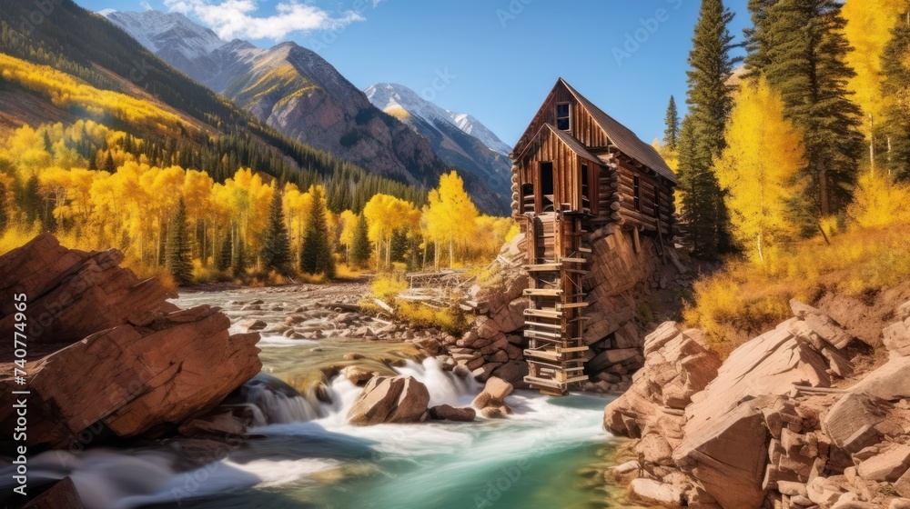 Historic wooden powerhouse called the Crystal Mill in Colorado with colorful autumn colors.