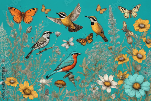 Hand drawn color blooming flowers, butterflies, birds on turquoise background. Generative Ai