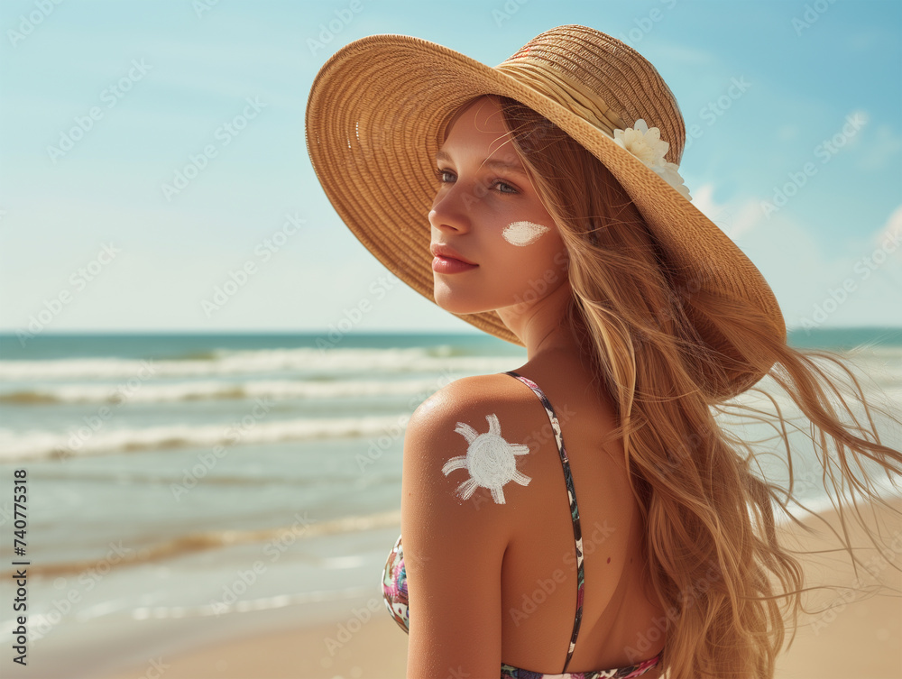 Sun Awareness. Young Blond Woman in Straw Hat with Sunblock Cream on the Beach. UV, SPF Protection, Sun Symbol Painted with Cream on Her Shoulder. 