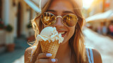 Close Up Portrait of Young Woman Eating Vanilla Ice Cream in Waffle Cone.