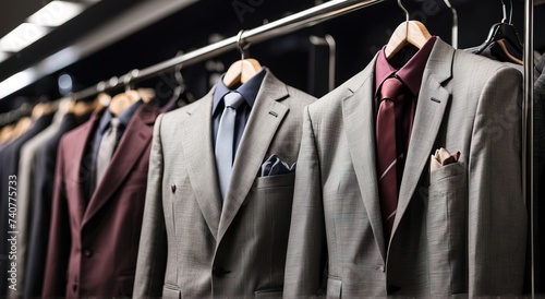 Luxurious men checkered suits on hangers in a high end fashion stores