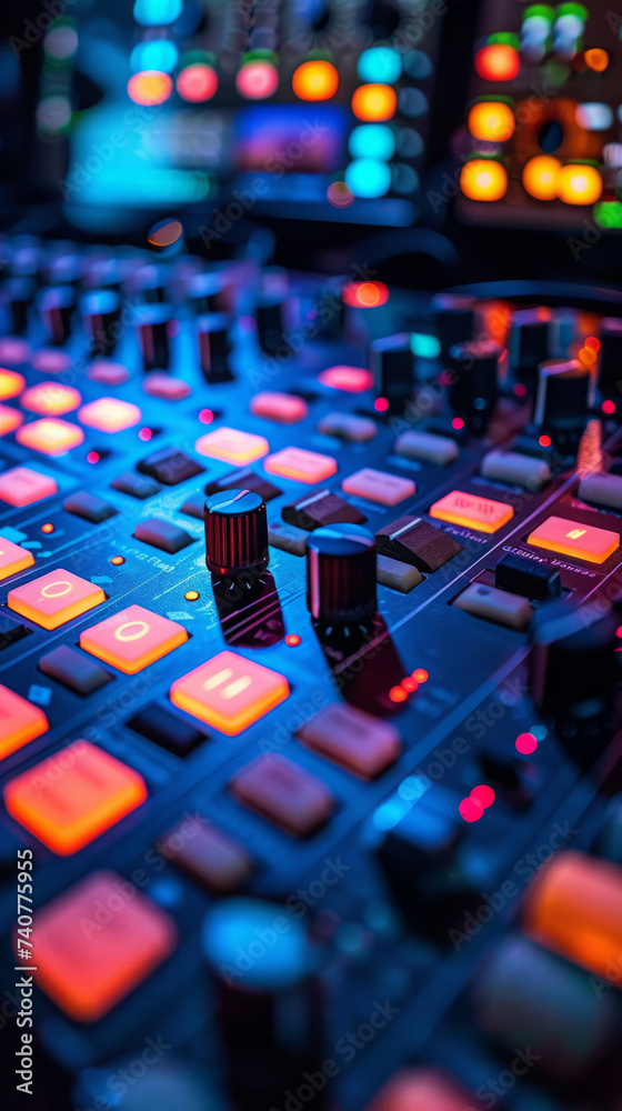 Fototapeta premium A close-up view of sound mixer console in a recording studio